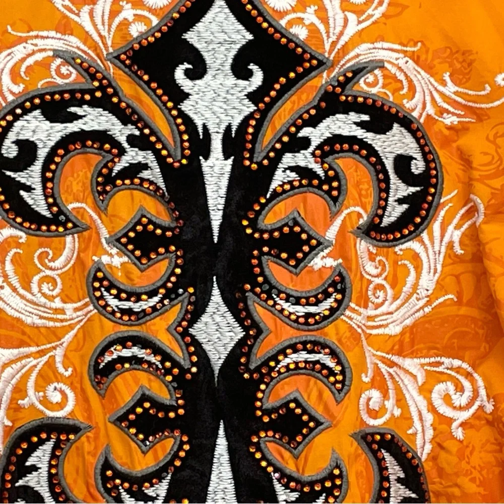 Victorious Mens Button Front Shirt Embroidered XL Fleur de Lis Orange Cotton - Picture 5 of 9